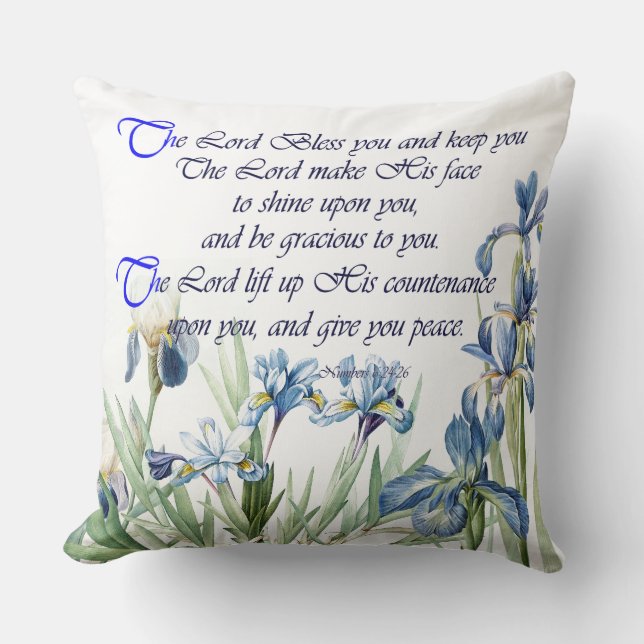 Scripture Botanical Blue Iris Flowers Floral Cushion (Front)