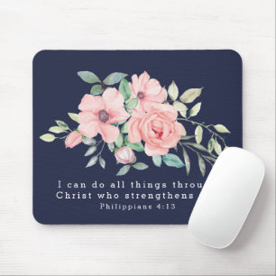 Scripture Philippians 4:13  Floral Watercolor Navy Mouse Pad
