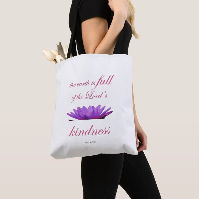 Scripture, Psalm 33,  Lord's Kindness Purple Lotus Tote Bag (Close Up)