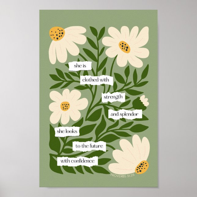 Scripture Quote Inspirational Green Floral Bible Poster (Front)