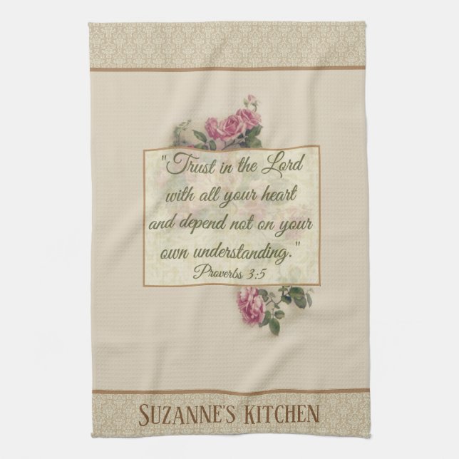 Scripture Verse Pink Roses Floral Religious Tea Towel (Vertical)