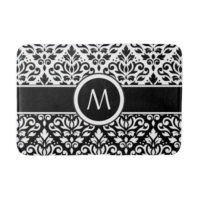 Scroll Damask 2Part Ptn BW & Band (Personalised) Bath Mat (Front)