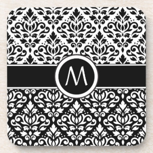 Scroll Damask 2Part Ptn BW & Band (Personalised) Coaster