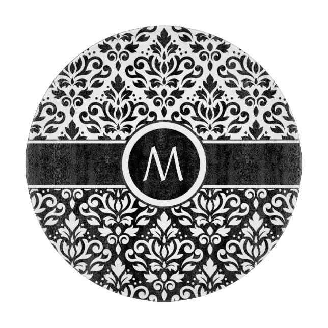 Scroll Damask 2Part Ptn BW & Band (Personalised) Cutting Board (Front)