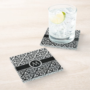 Scroll Damask 2Part Ptn BW & Band (Personalised) Glass Coaster