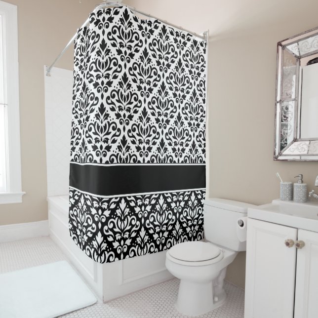 Scroll Damask 2Part Ptn BW & Band Shower Curtain (In Situ)