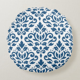 Scroll Damask 2Way Lg Ptn Dk Blue on White Round Cushion