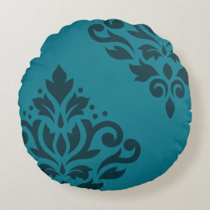Scroll Damask Art I 2Way Dark & Mid-Teal Round Cushion