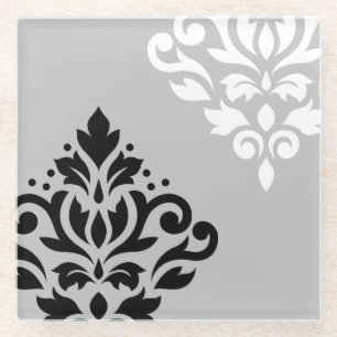 Scroll Damask Art I B&W on Lt Grey Glass Coaster