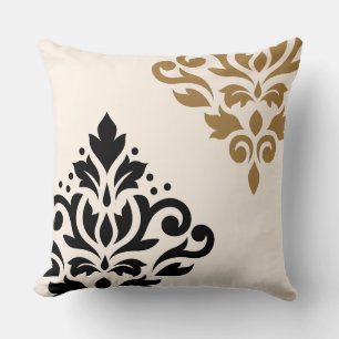 Scroll Damask Art I Black & Gold on Cream Cushion
