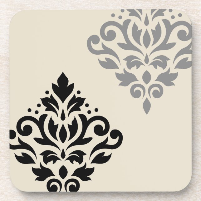 Scroll Damask Art I Black Grey Cream Coaster (Front)