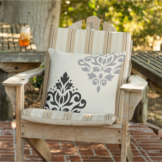 Scroll Damask Art I Black Grey Cream Cushion (Chair)