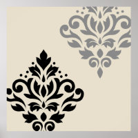 Scroll Damask Art I Black Grey Cream