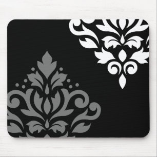 Scroll Damask Art I Black Grey White Mouse Pad
