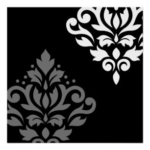 Scroll Damask Art I Black Grey White Poster