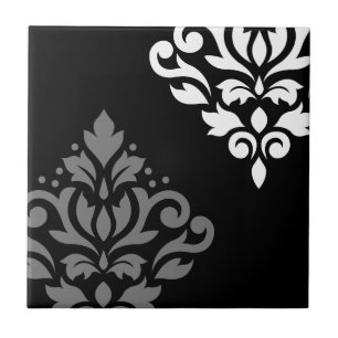 Scroll Damask Art I Black Grey White Tile