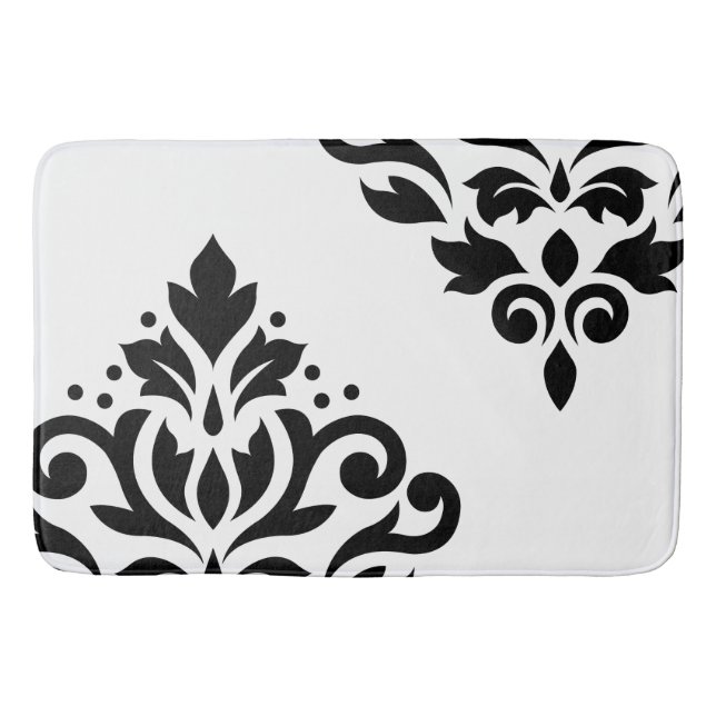 Scroll Damask Art I Black on White Bath Mat (Front)