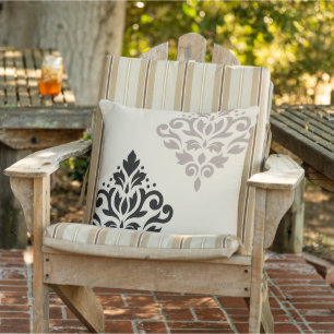 Scroll Damask Art I Black Taupe Cream Cushion