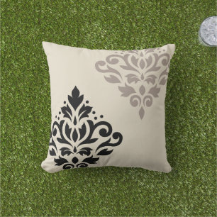 Scroll Damask Art I Black Taupe Cream Cushion