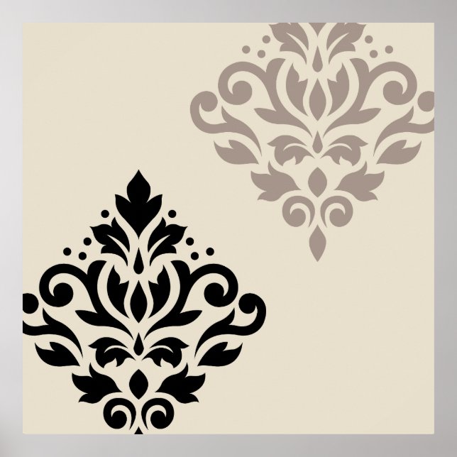 Scroll Damask Art I Black Taupe Cream Poster (Front)