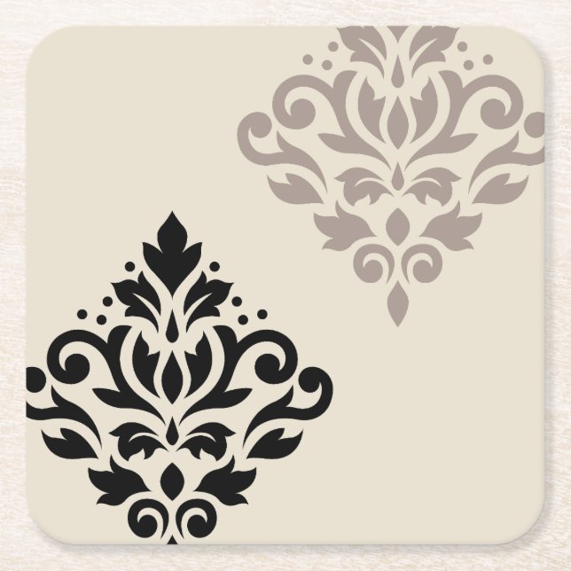 Scroll Damask Art I Black Taupe Cream Square Paper Coaster (Front)
