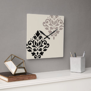 Scroll Damask Art I Black Taupe Cream Square Wall Clock