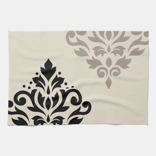 Scroll Damask Art I Black Taupe Cream Tea Towel (Horizontal)