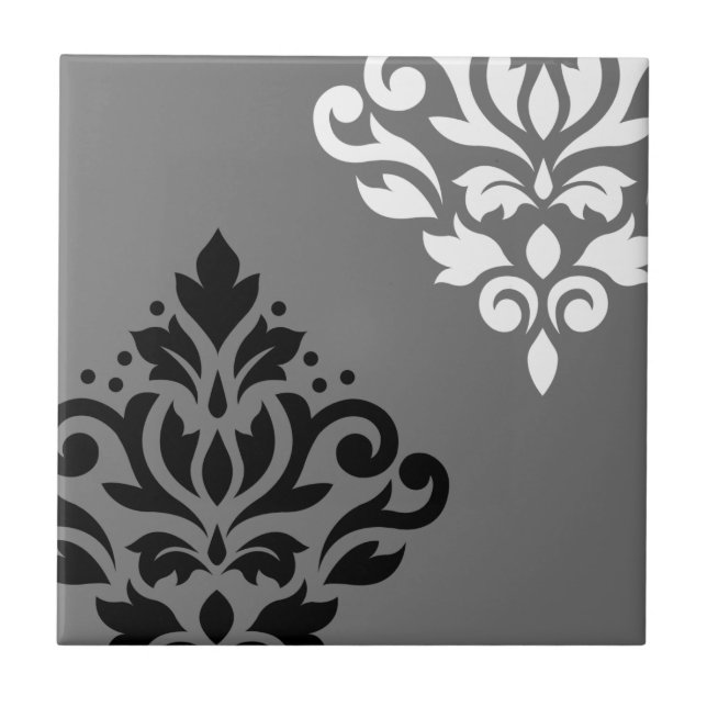 Scroll Damask Art I Black & White on Grey Tile (Front)