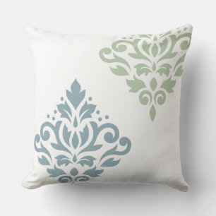 Scroll Damask Art I Blue Green White Cushion