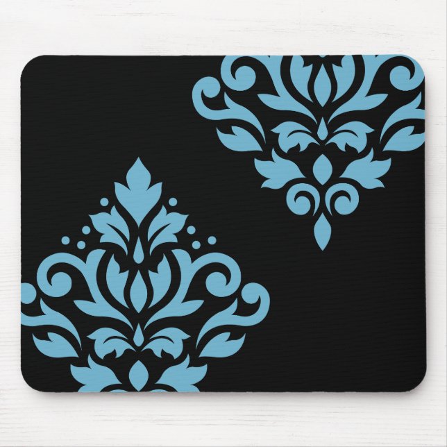 Scroll Damask Art I Blue on Black Mouse Pad (Front)