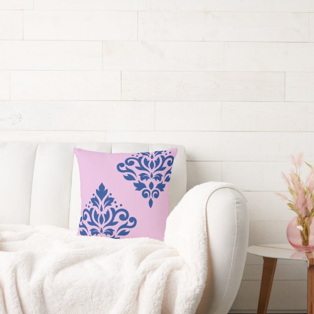 Scroll Damask Art I Blue on Pink Cushion (Couch)