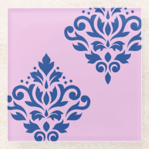 Scroll Damask Art I Blue on Pink Glass Coaster