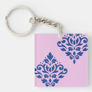 Scroll Damask Art I Blue on Pink Key Ring