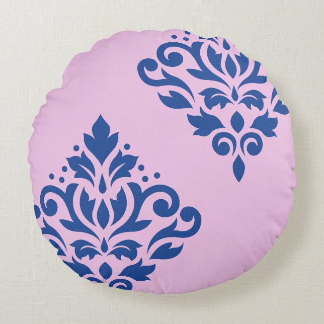Scroll Damask Art I Blue on Pink Round Cushion (Front)