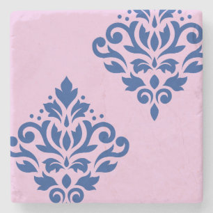 Scroll Damask Art I Blue on Pink Stone Coaster