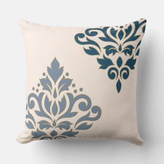 Scroll Damask Art I Blues Gold (line) Cream Cushion (Front)