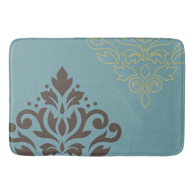 Scroll Damask Art I Brown Gold (line) Teal Bath Mat (Front)
