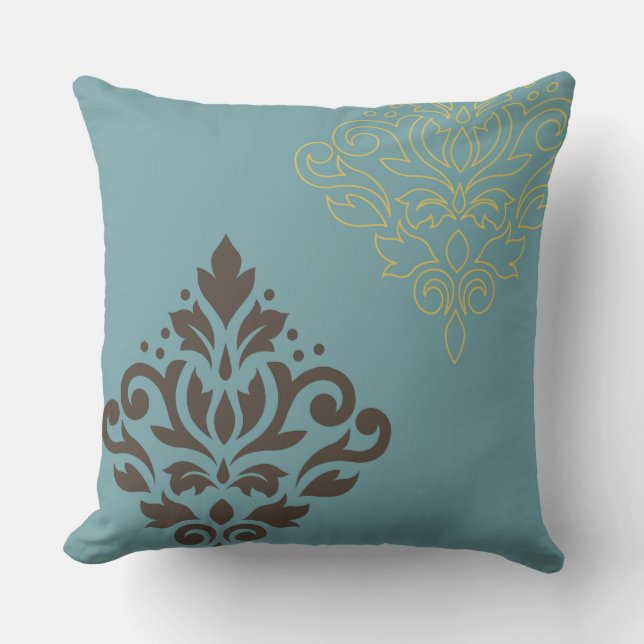 Scroll Damask Art I Brown Gold (line) Teal Cushion (Front)