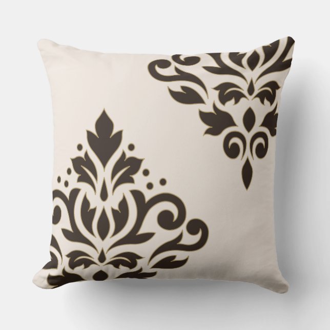 Scroll Damask Art I Brown with Gold on Cream Cushion (Front)