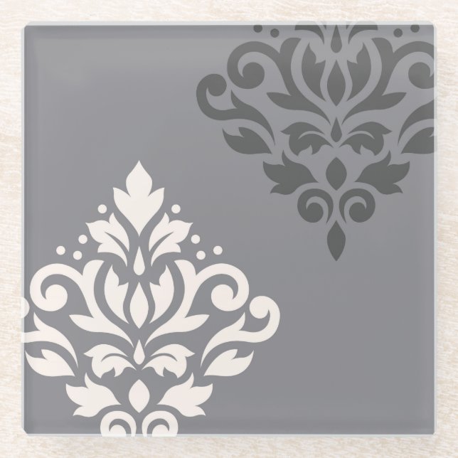 Scroll Damask Art I Cream & Greys Glass Coaster (Front)