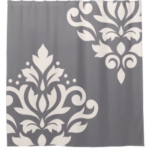 Scroll Damask Art I Cream on Grey Shower Curtain
