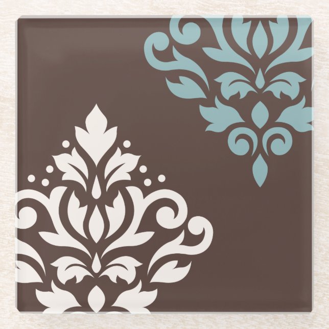 Scroll Damask Art I Cream Teal Brown Glass Coaster (Front)