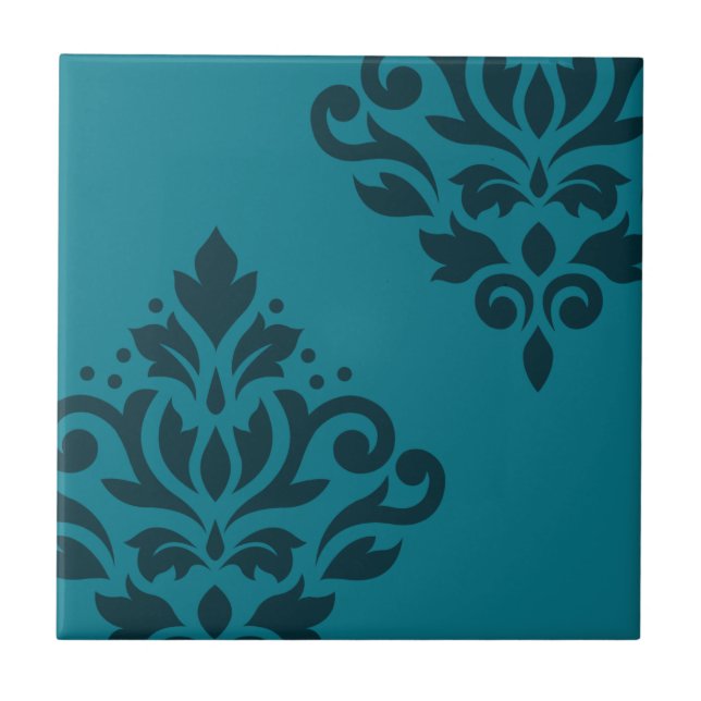 Scroll Damask Art I Dark on Mid-Teal Tile (Front)