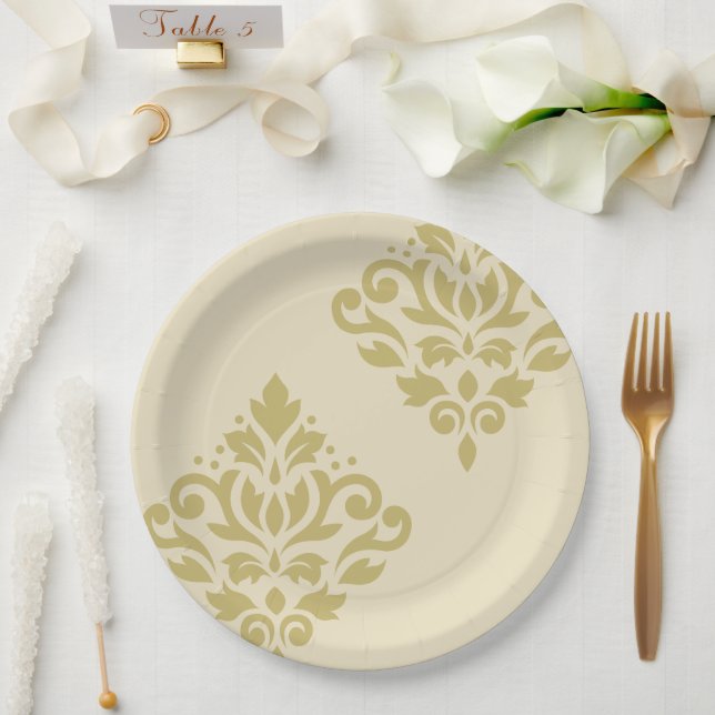 Scroll Damask Art I Gold on Cream Paper Plate (Wedding)
