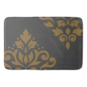 Scroll Damask Art I Gold on Grey Bath Mat