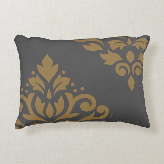 Scroll Damask Art I Gold on Grey Decorative Cushion (Front)