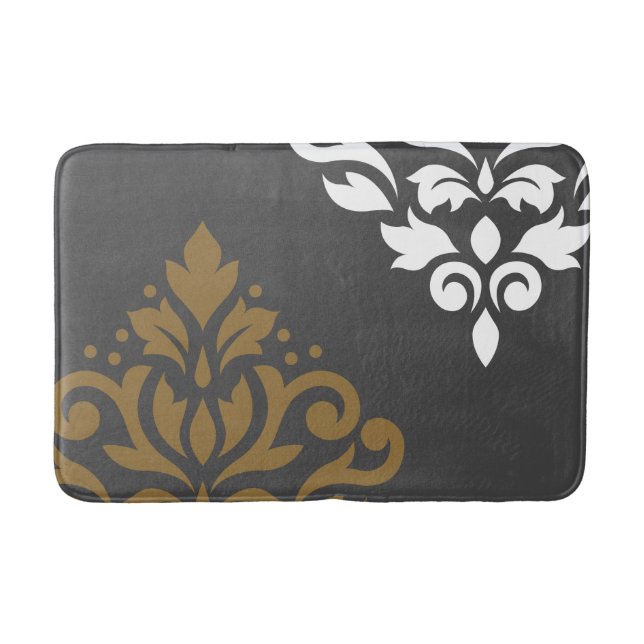 Scroll Damask Art I Gold & White on Grey Bath Mat (Front)