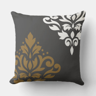 Scroll Damask Art I Gold & White on Grey Cushion