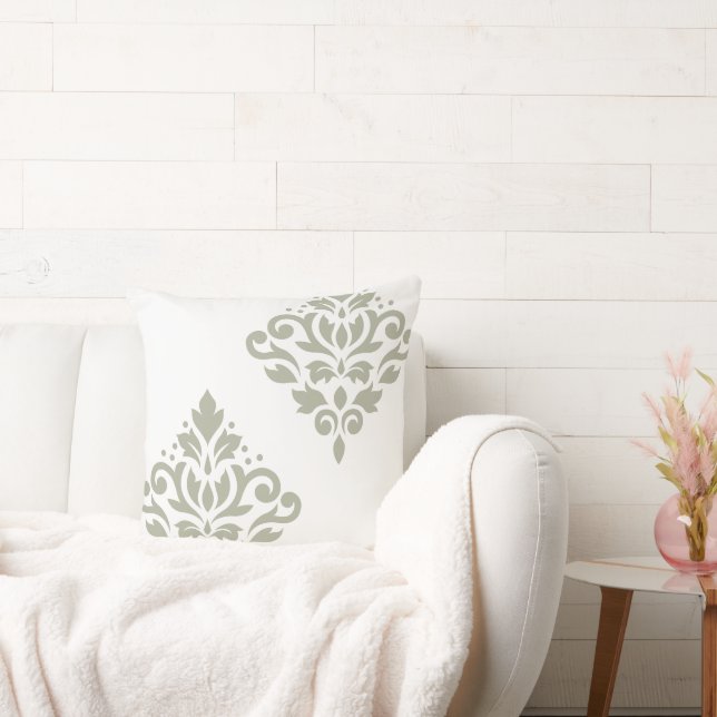 Scroll Damask Art I Green on White Cushion (Couch)