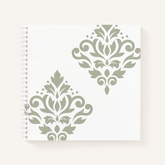 Scroll Damask Art I Green on White Notebook (Front)